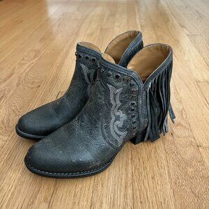 Sterling River Gray Distressed Leather Fringe Booties Western Women's Size 7.5
